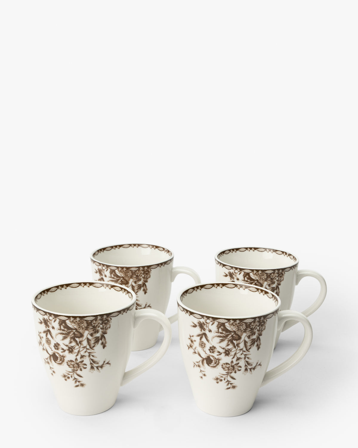 Brown Floral Bone China Mugs, Set of 4 - Image 1