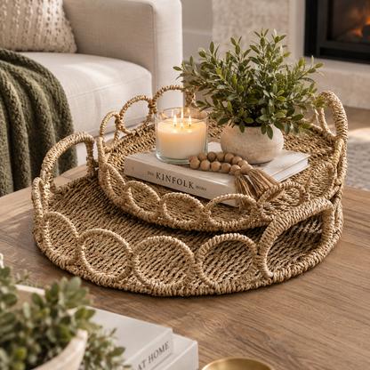 Handwoven Round Seagrass Tray with Looped Edge - Image 1