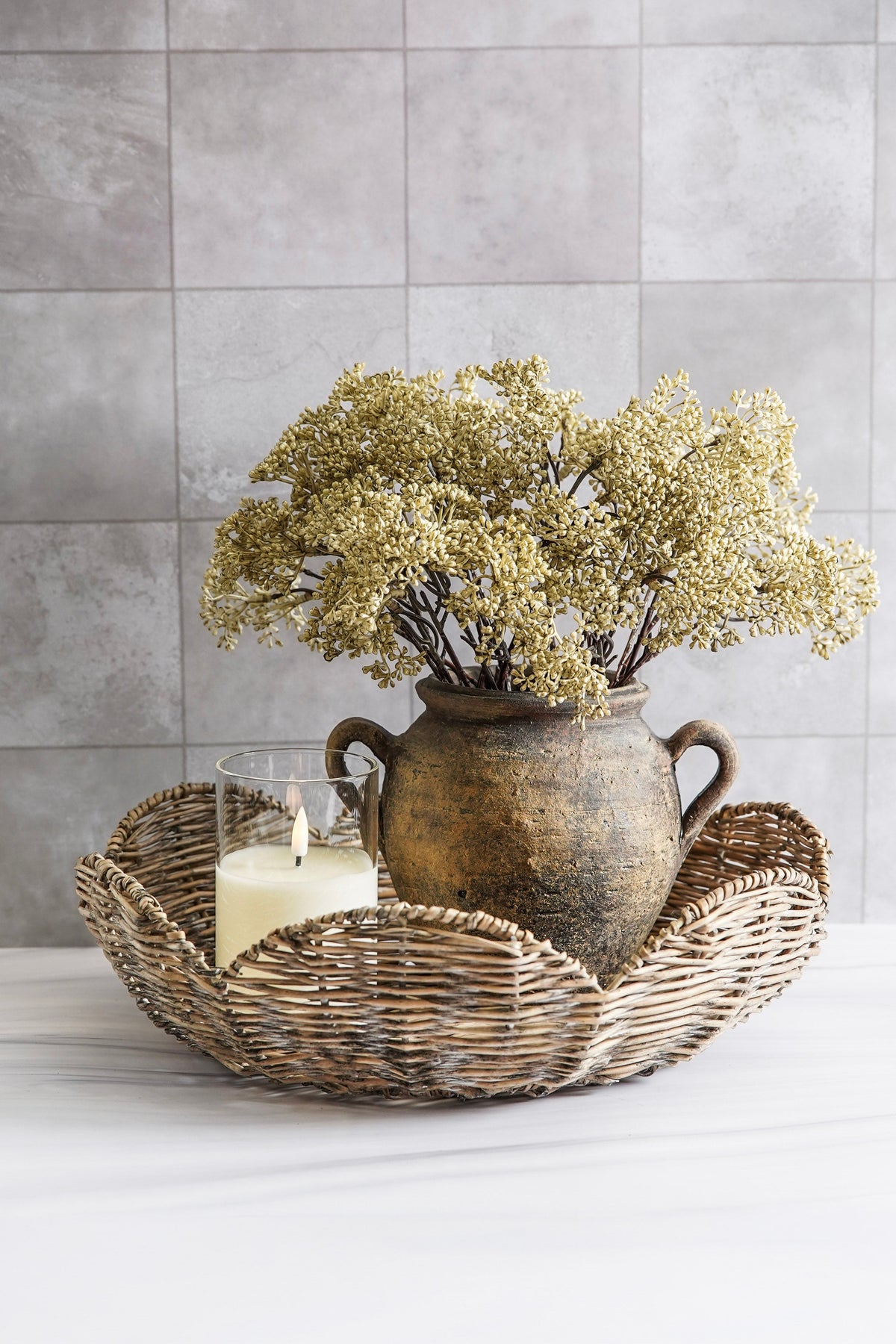 Gray Wash Woven Willow Scalloped Tray