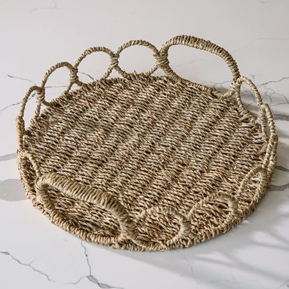 Handwoven Round Seagrass Tray with Looped Edge - Image 3